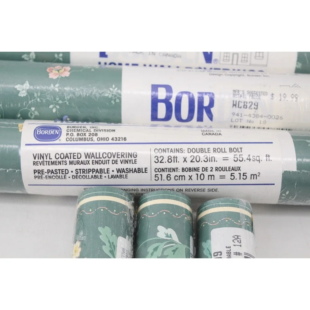 Deadstock Vintage MCM Borden Green Vinyl Wallcovering 3 rolls WC829 3‎ - WB828